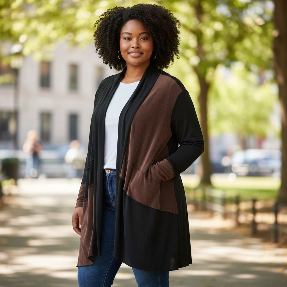 Heydari Cardigan Women 2 Black Brown Colorblock Ribbed Open Front Duster Artsy